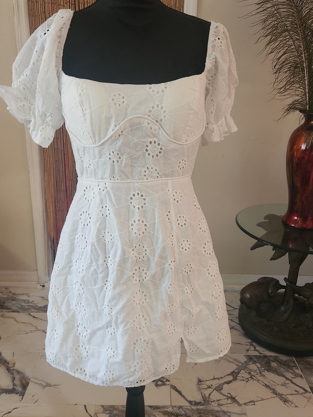 White Eyelet Puff-Sleeve Mini Dress - Picture 1 of 7